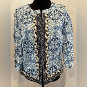 Chico’s Blue Open Front Linen Jacket w 3/4 Sleeves & Fringe Size 0 (US Size 4)